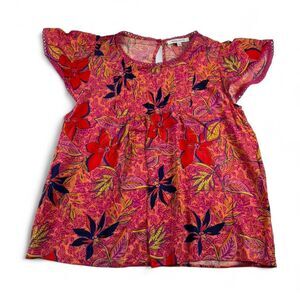 Rose + Olive Pink Floral Blouse with Ruffle Sleeves – Women’s Size Large